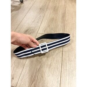 Nautical Navy Blue White Striped Waist Belt White Slide Buckle Women Medium